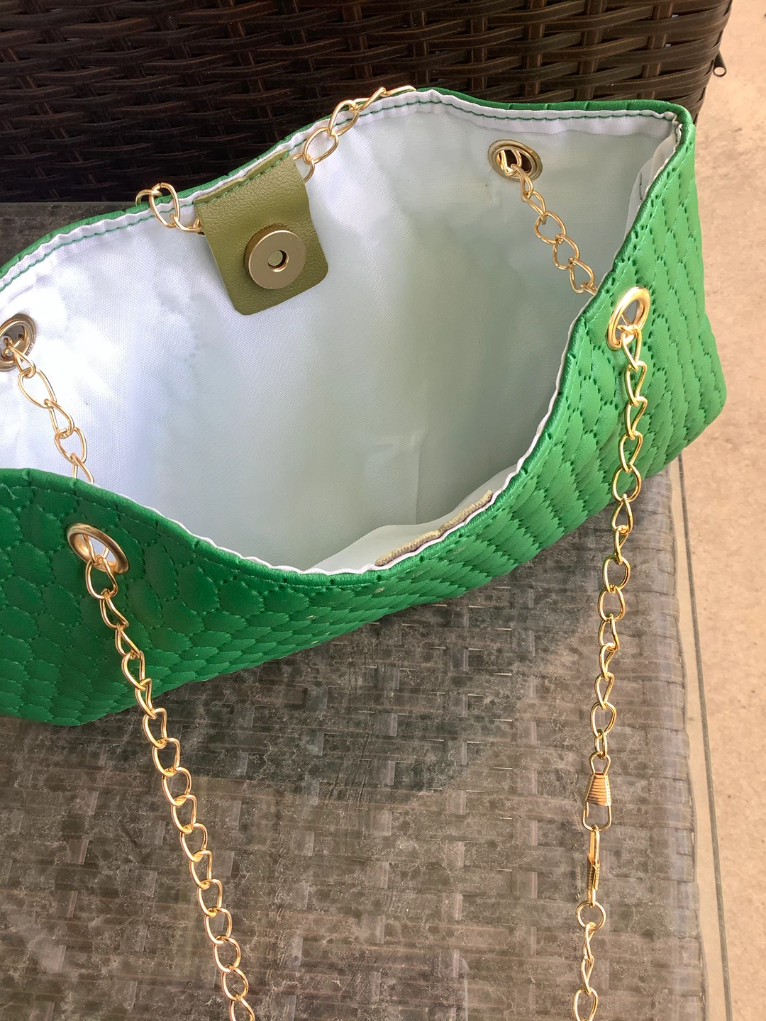 Green Quilted Clutch Bag with Gold Chain