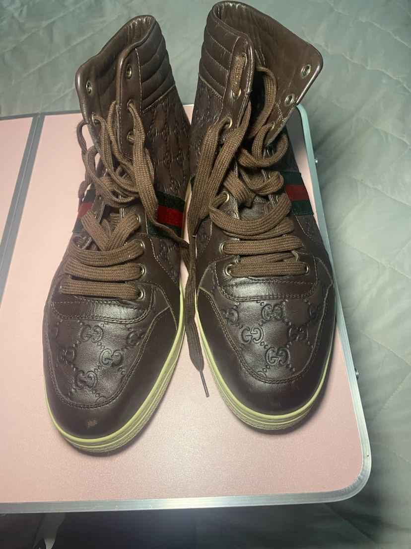 Gucci Brown Leather Embossed High-Top Sneakers