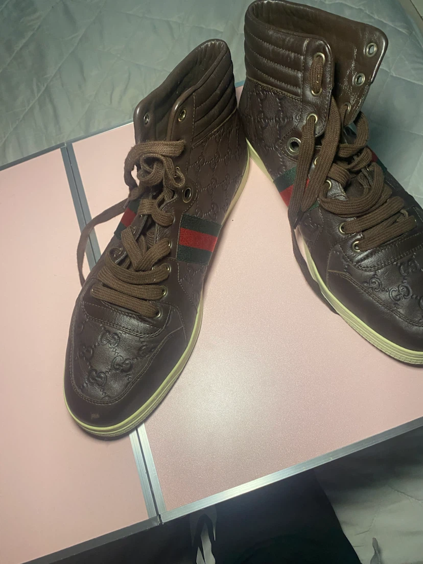 Gucci Brown Leather Embossed High-Top Sneakers - photo 2
