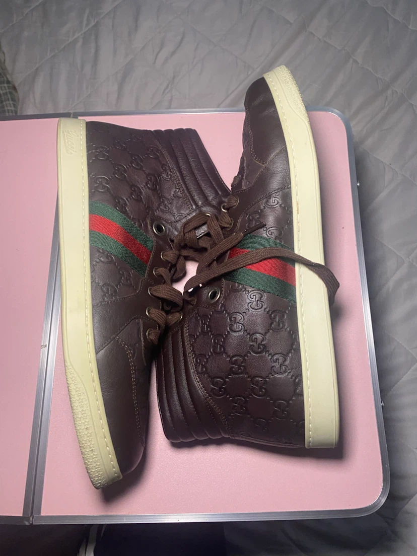Gucci Brown Leather Embossed High-Top Sneakers - photo 3