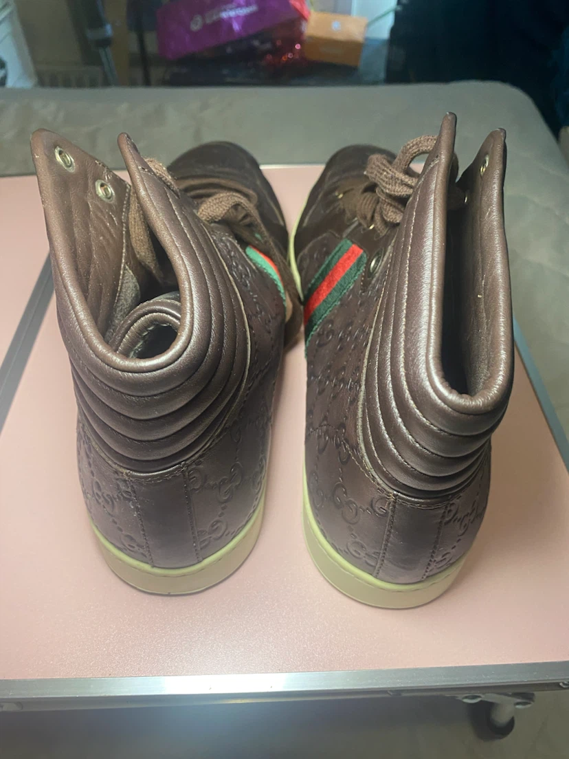 Gucci Brown Leather Embossed High-Top Sneakers - photo 4