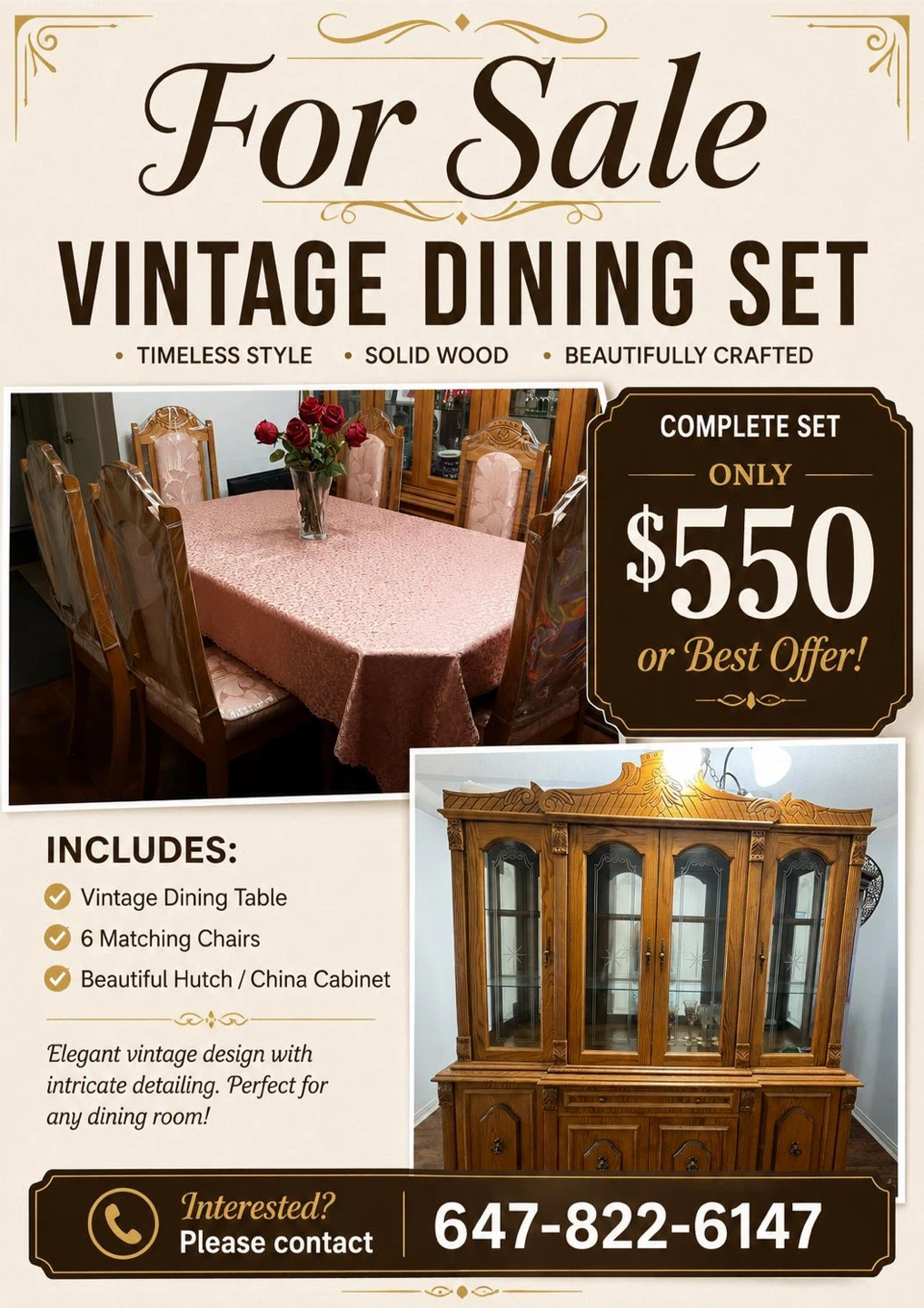 Vintage Oakwood dining table with 6 chairs and matching hutch