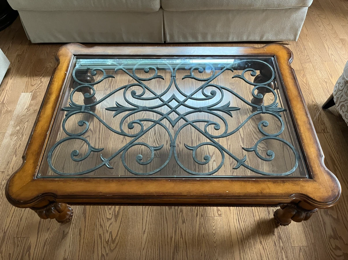 Ethan Allen Coffee Table – Solid Wood & Glass Top – Excellent