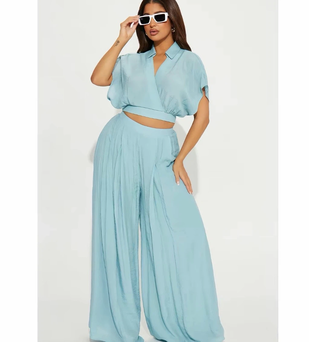 Light Blue Crop Top and Wide Leg Pants Set