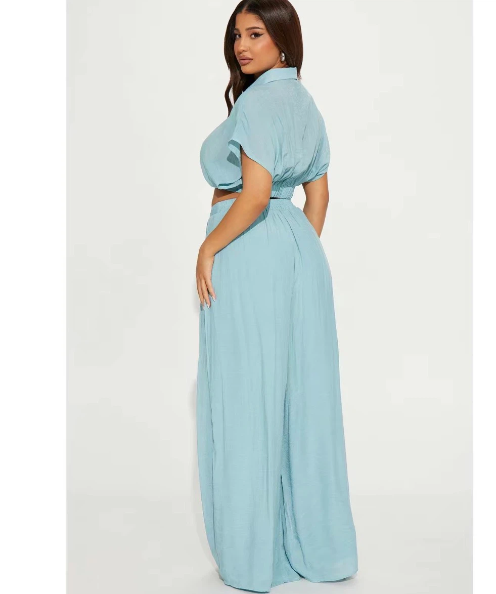 Light Blue Crop Top and Wide Leg Pants Set - photo 2