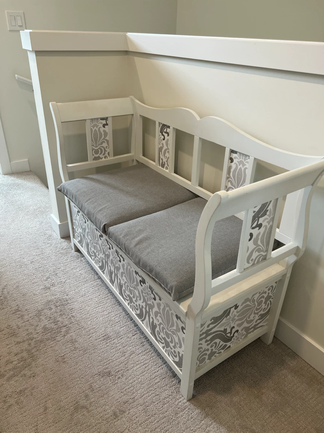 White Storage Bench with Grey Floral Pattern