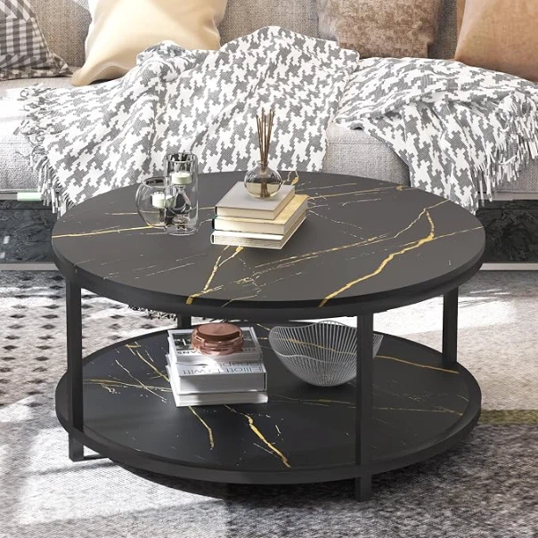 Round Faux Marble Coffee Table with Storage Shelf – Black, 36"