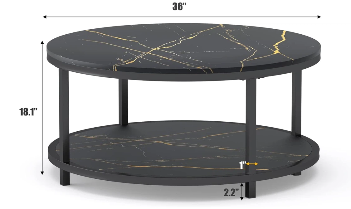 Round Faux Marble Coffee Table with Storage Shelf – Black, 36" - photo 2