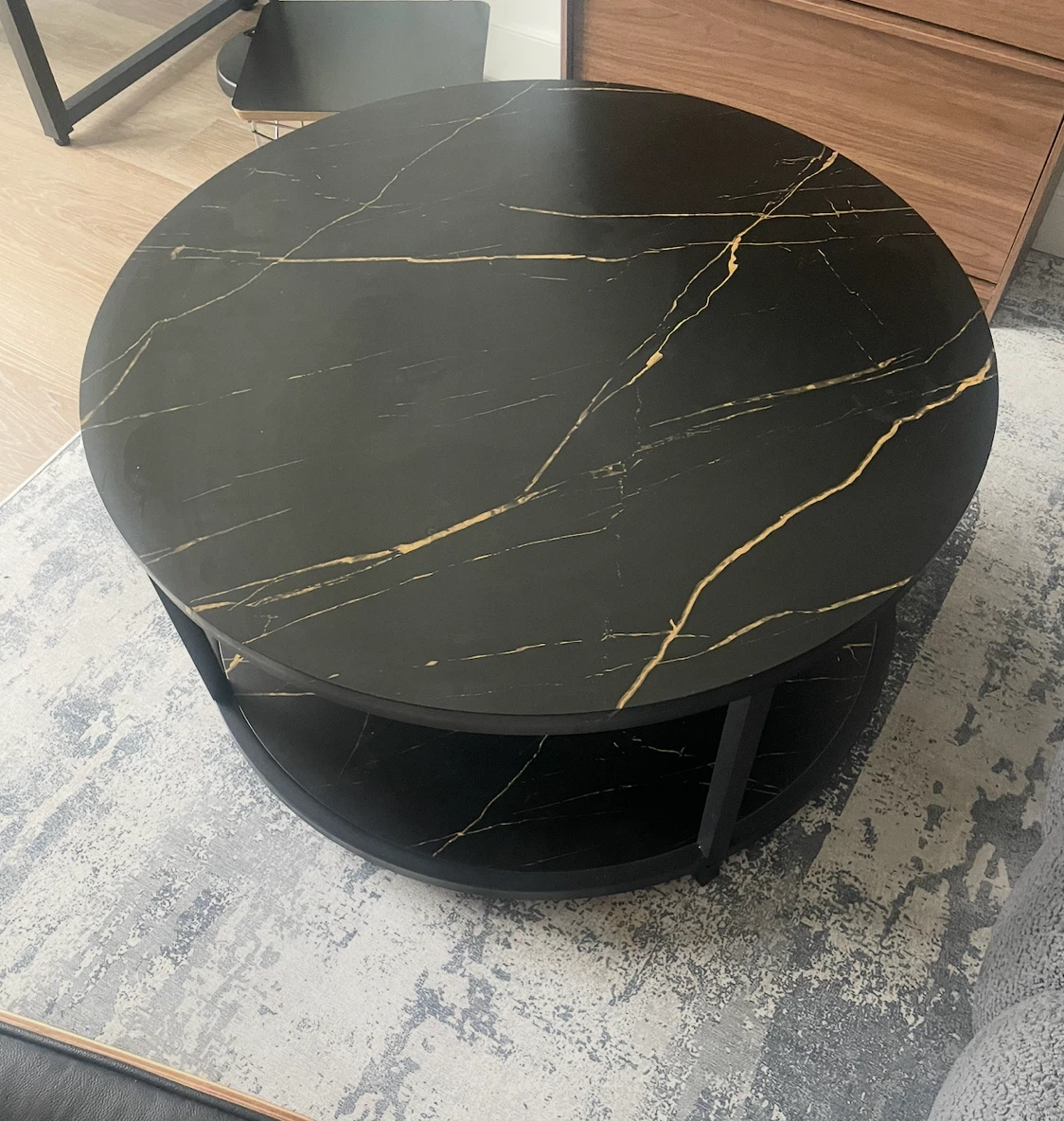 Round Faux Marble Coffee Table with Storage Shelf – Black, 36" - photo 3