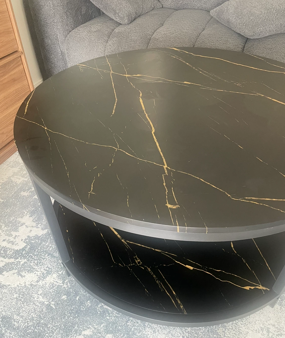 Round Faux Marble Coffee Table with Storage Shelf – Black, 36" - photo 4