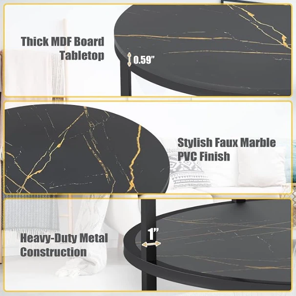 Round Faux Marble Coffee Table with Storage Shelf – Black, 36" - photo 5