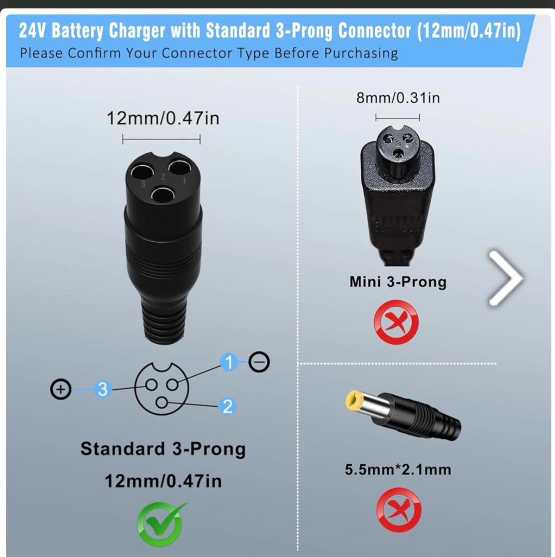 24V Battery Charger with 3-Prong Connector - photo 2