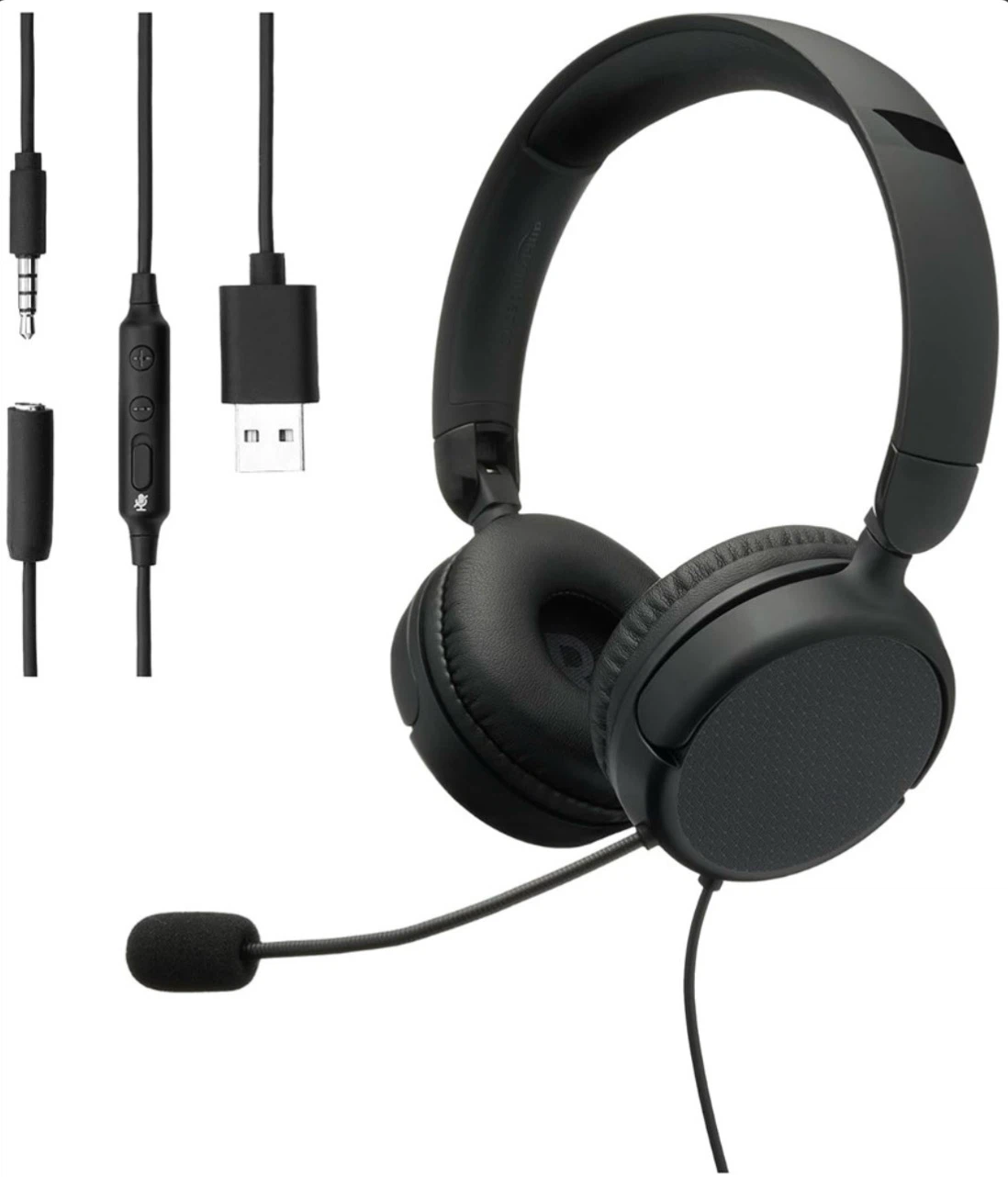 Black Wired Headphones with Adjustable Mic and USB Adapter
