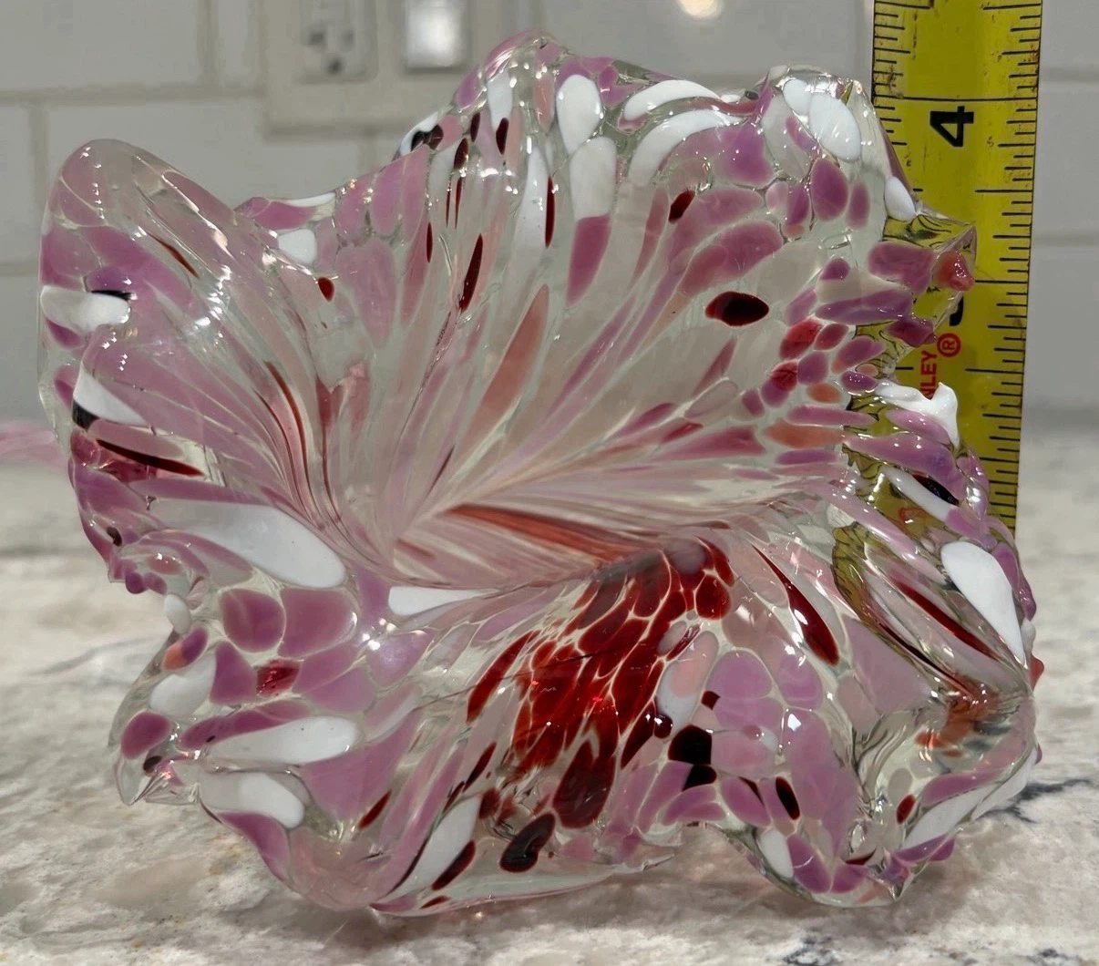 Hand Blown Art Glass Sculpture Flower – Pink Red White Swirl - photo 5