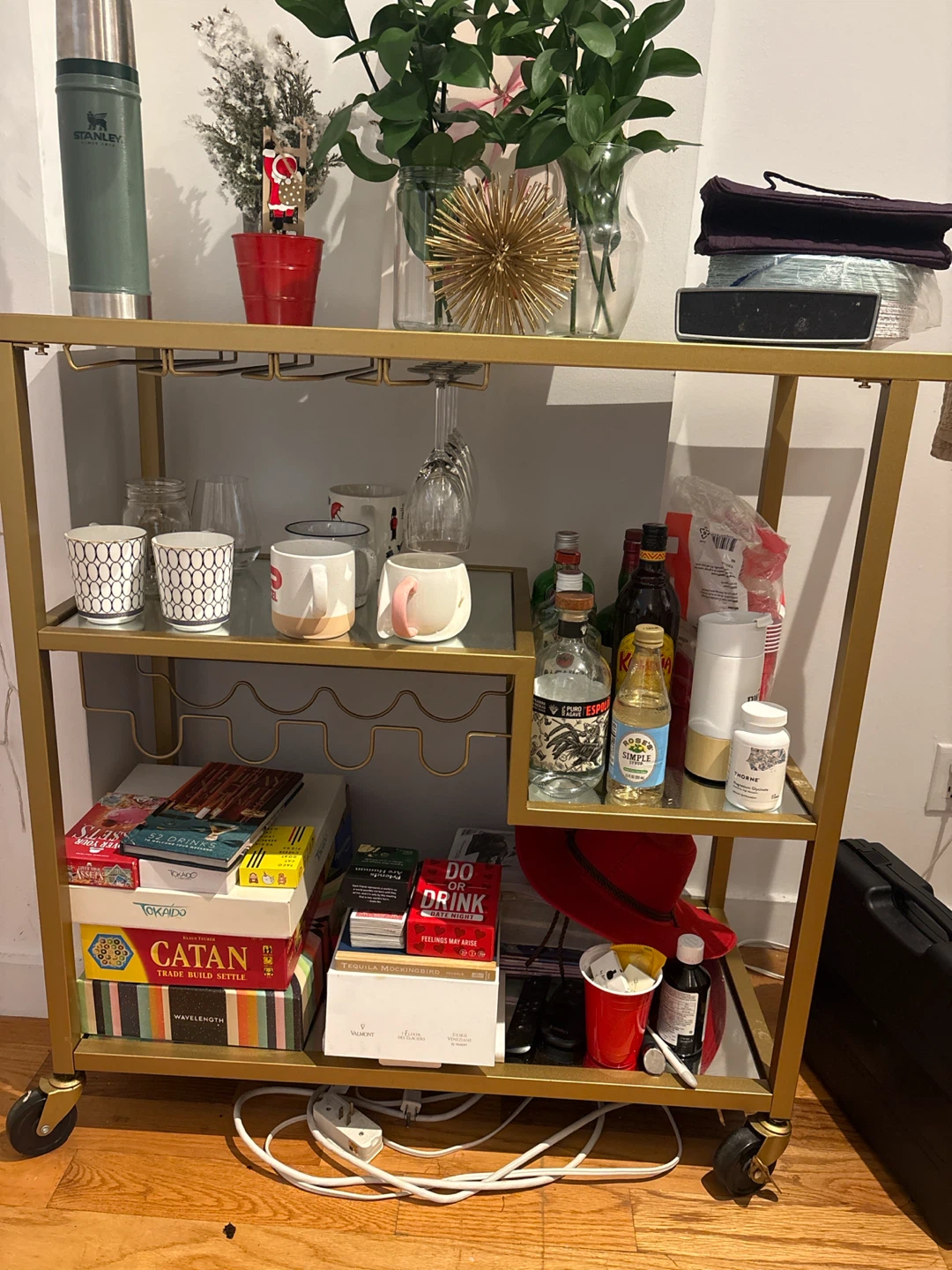 Golden Bar Cart + Living Room Shelf