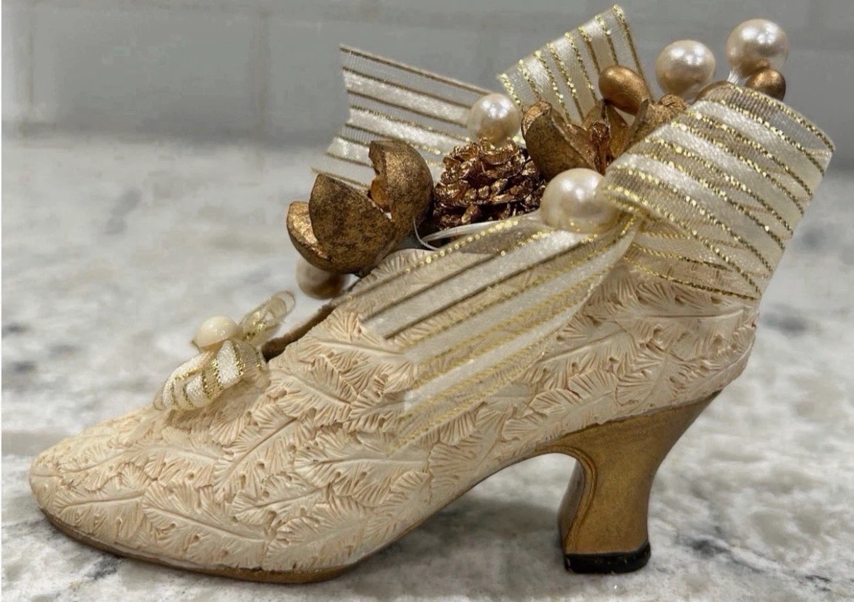 Vintage Resin High Heel Shoe Figurine (Gold & Ivory)