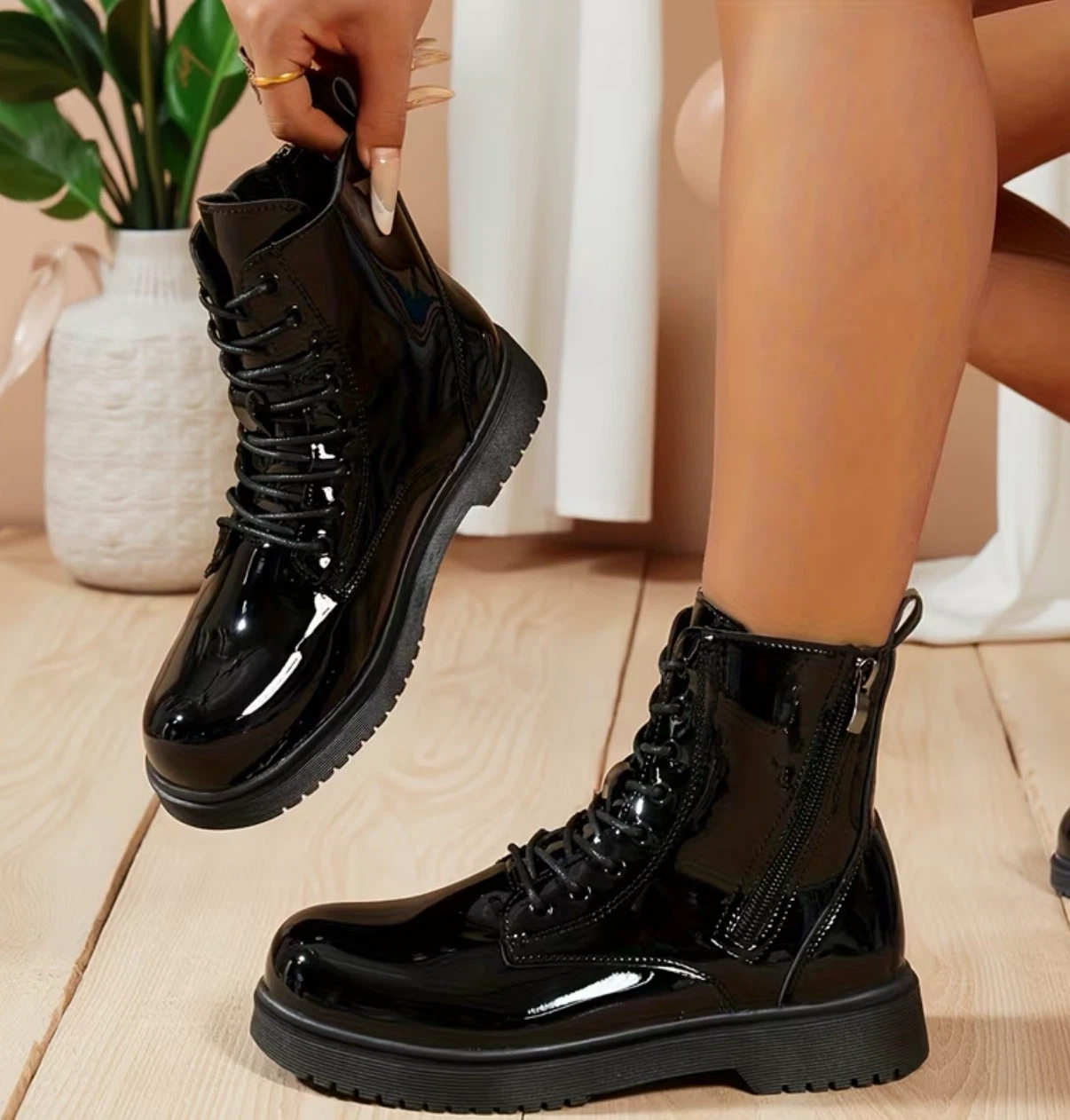 Black Patent Lace-Up Combat Boots - photo 2