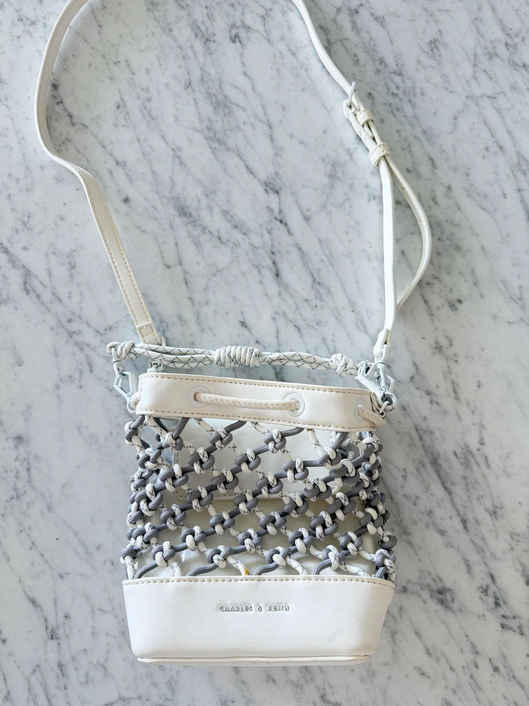 Charles & Keith White Woven Bucket Bag