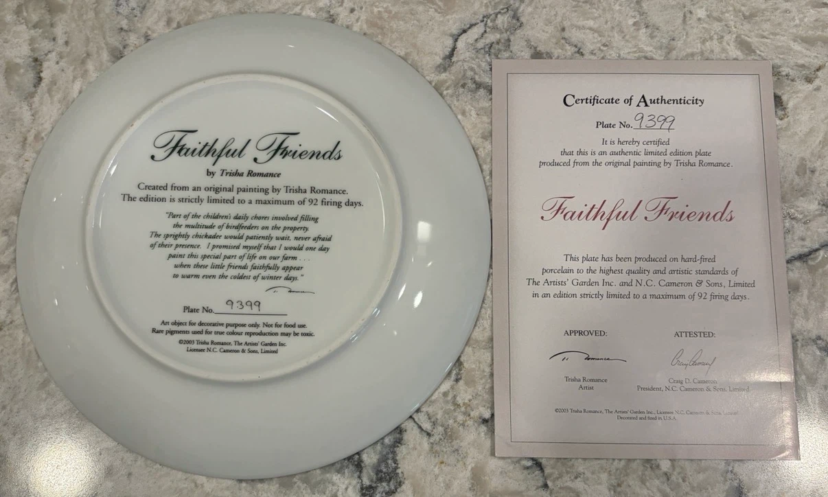 Trisha Romance “Faithful Friends” Collector Plate #9399 w/ COA - photo 2
