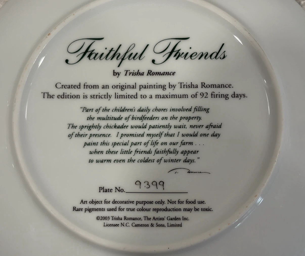 Trisha Romance “Faithful Friends” Collector Plate #9399 w/ COA - photo 3