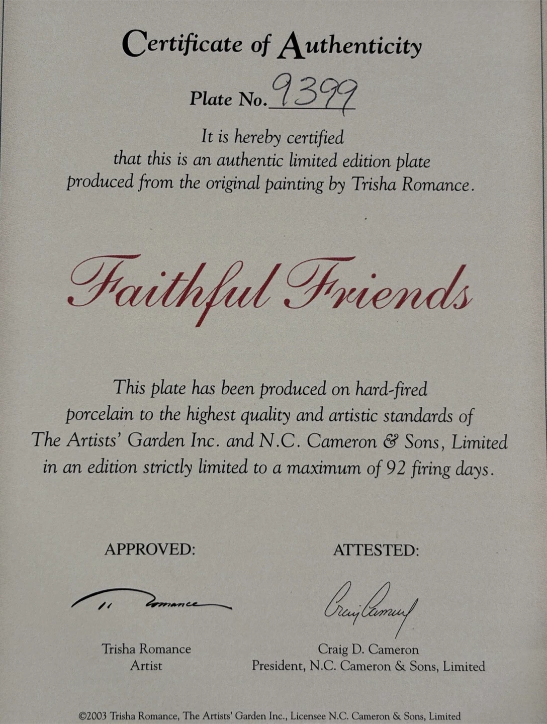 Trisha Romance “Faithful Friends” Collector Plate #9399 w/ COA - photo 4
