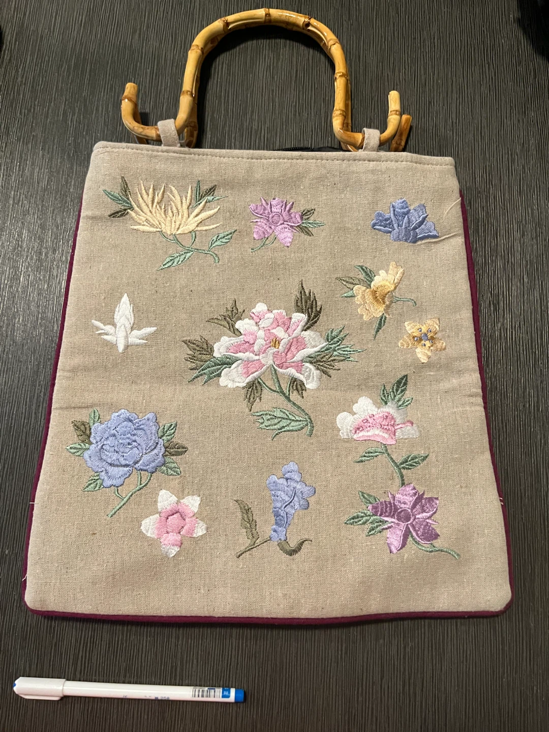 Embroidered Tote Bag with Bamboo Handles