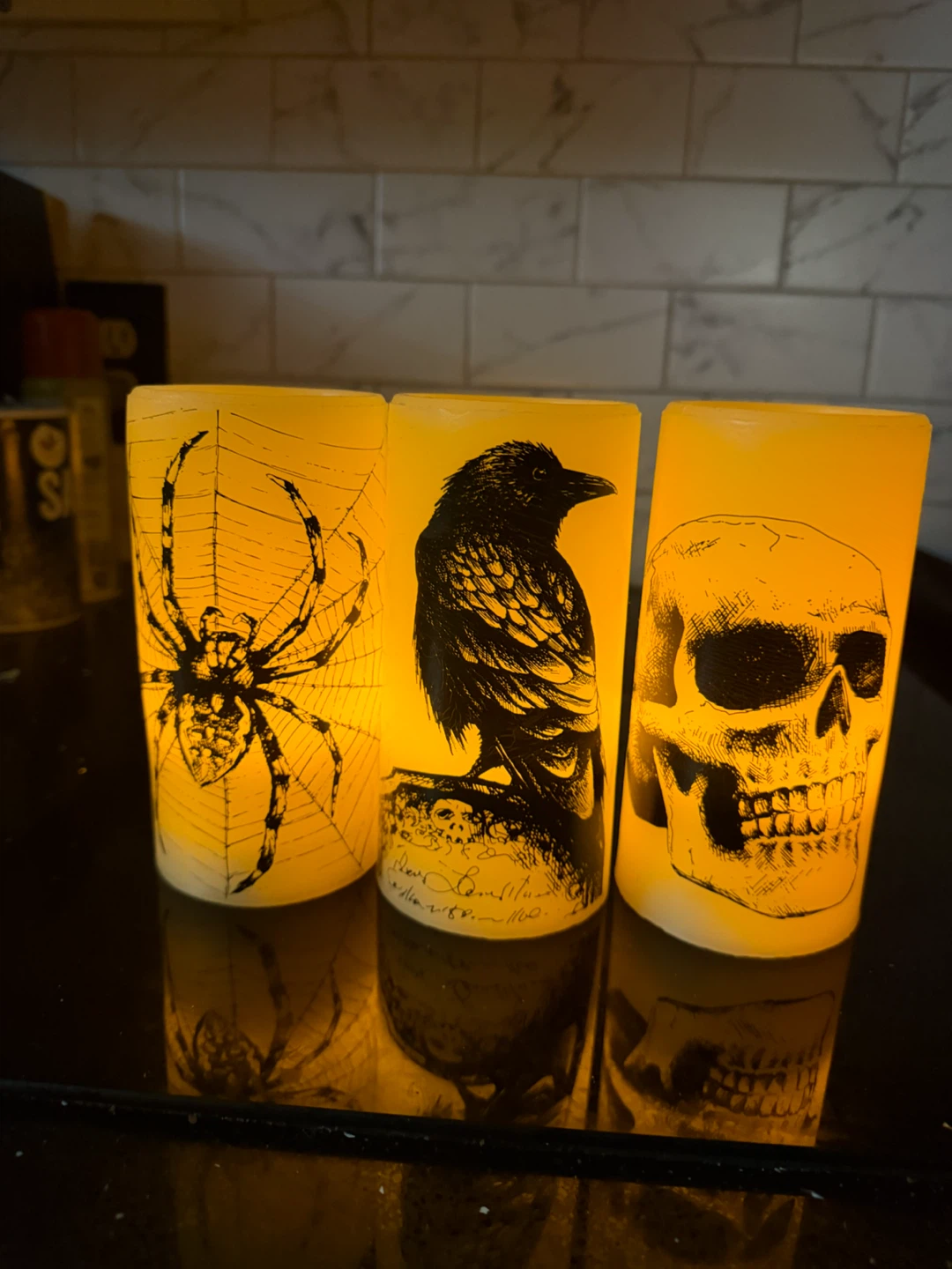 Halloween LED Pillar Candles - Spider, Raven, Skull