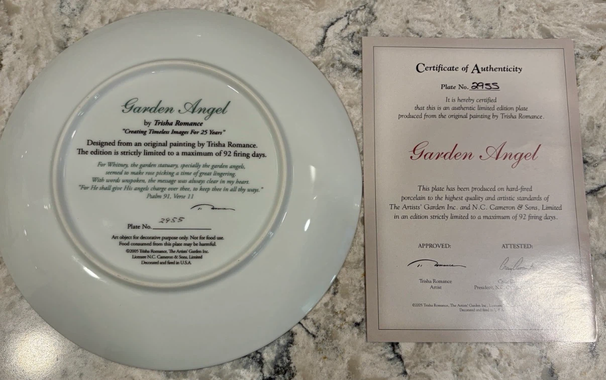 Trisha Romance “Garden Angel” Collector Plate #2955 w/ COA - photo 2