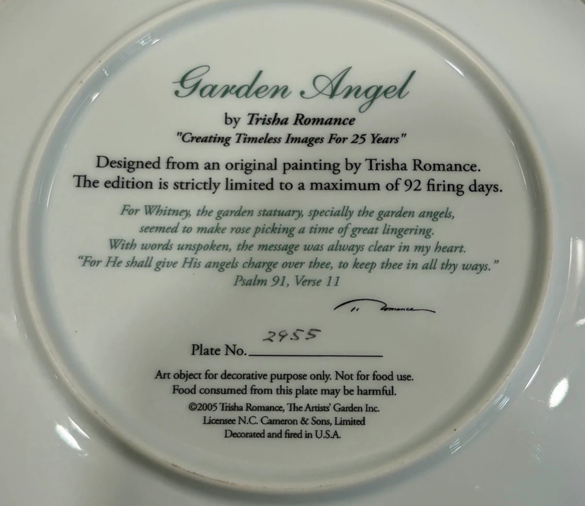 Trisha Romance “Garden Angel” Collector Plate #2955 w/ COA - photo 3