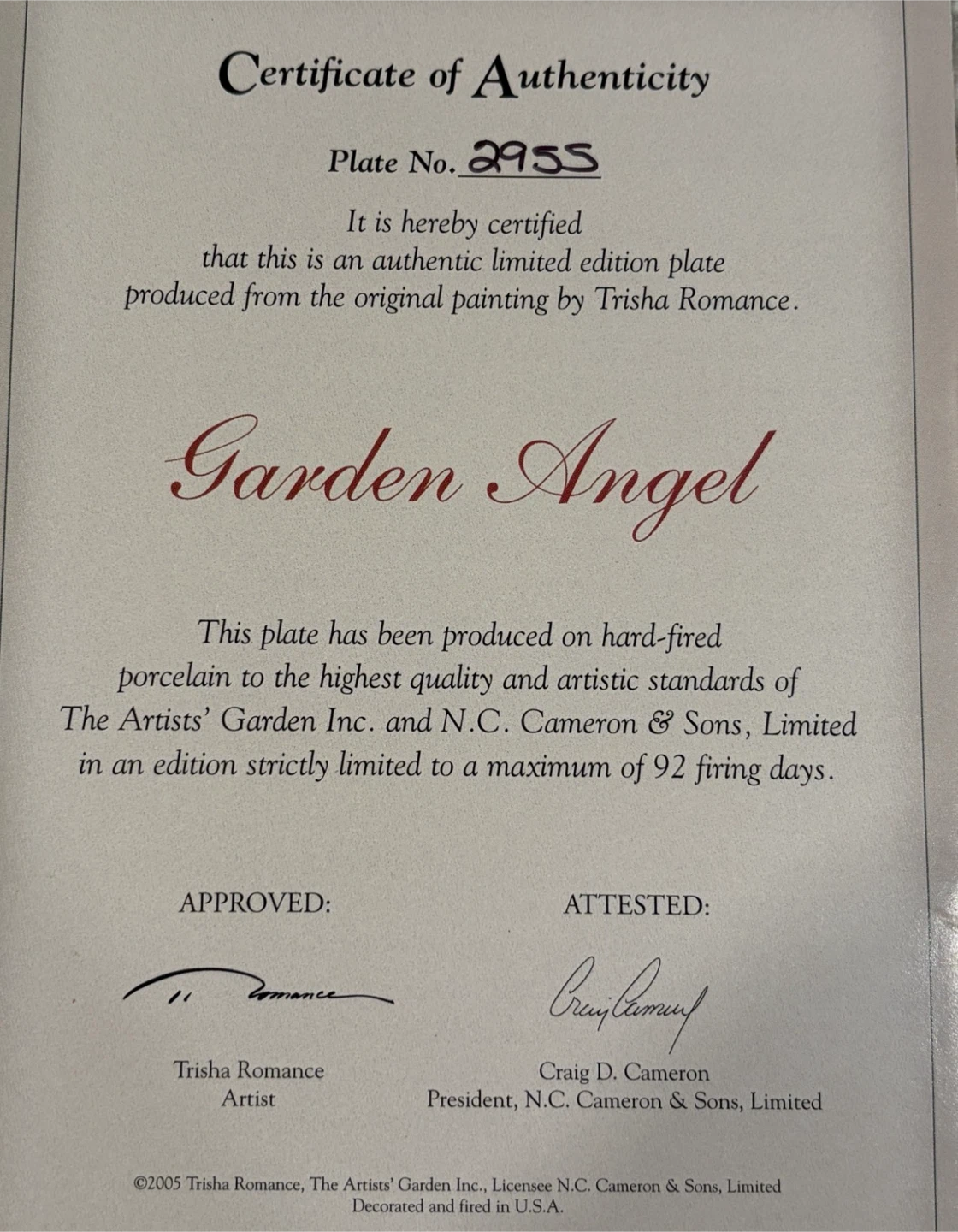 Trisha Romance “Garden Angel” Collector Plate #2955 w/ COA - photo 4