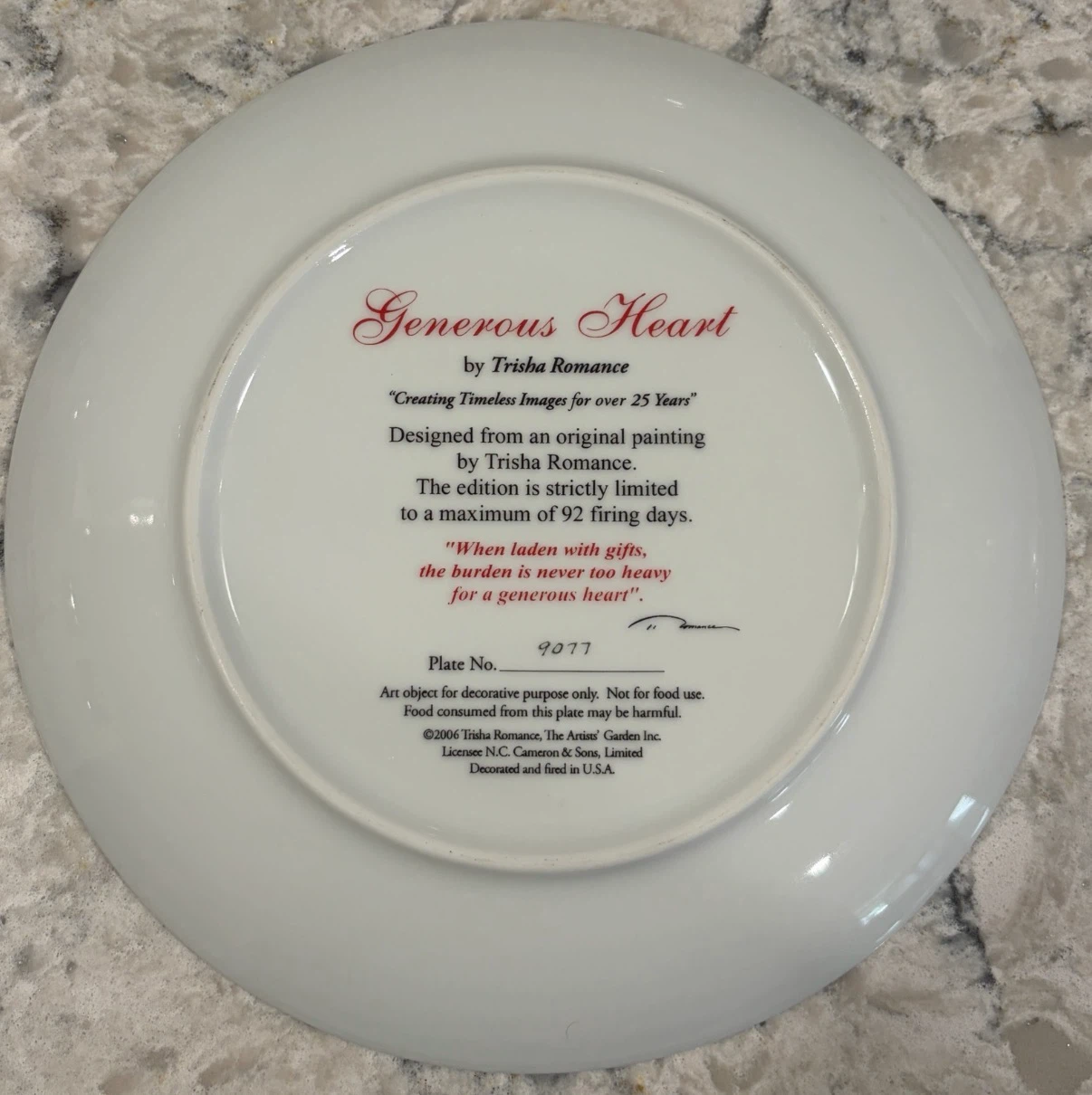 Trisha Romance “Generous Heart” Collector Plate #9077 - photo 2