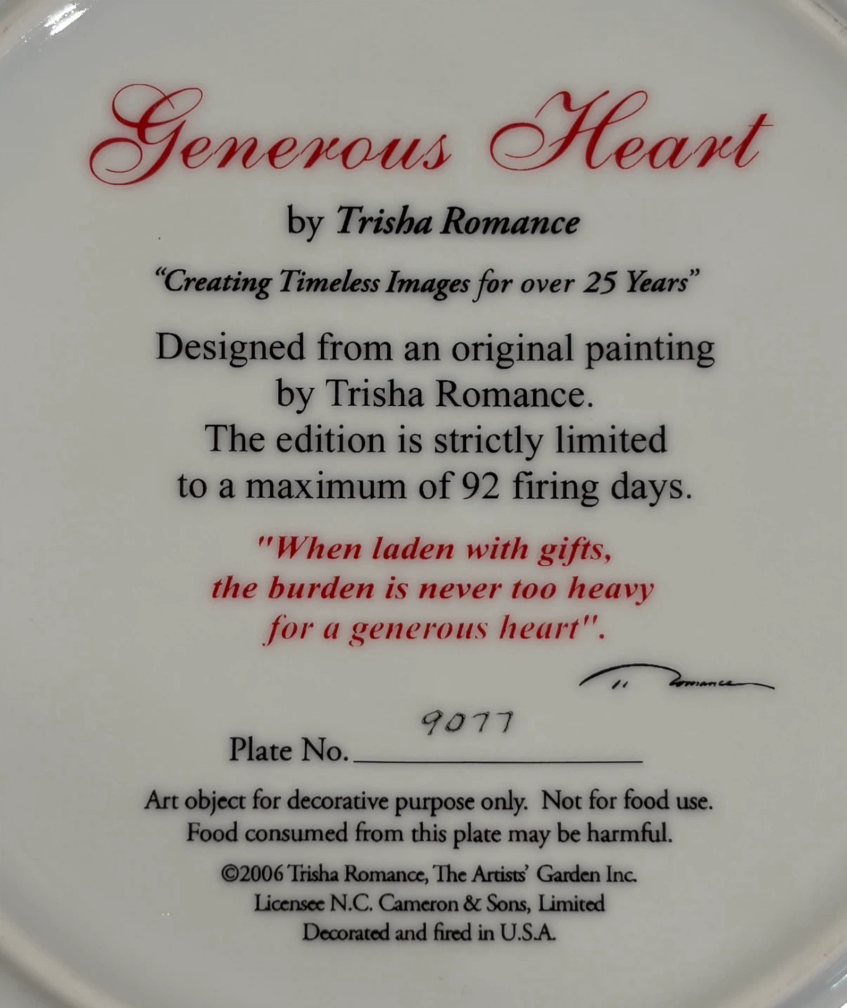 Trisha Romance “Generous Heart” Collector Plate #9077 - photo 3