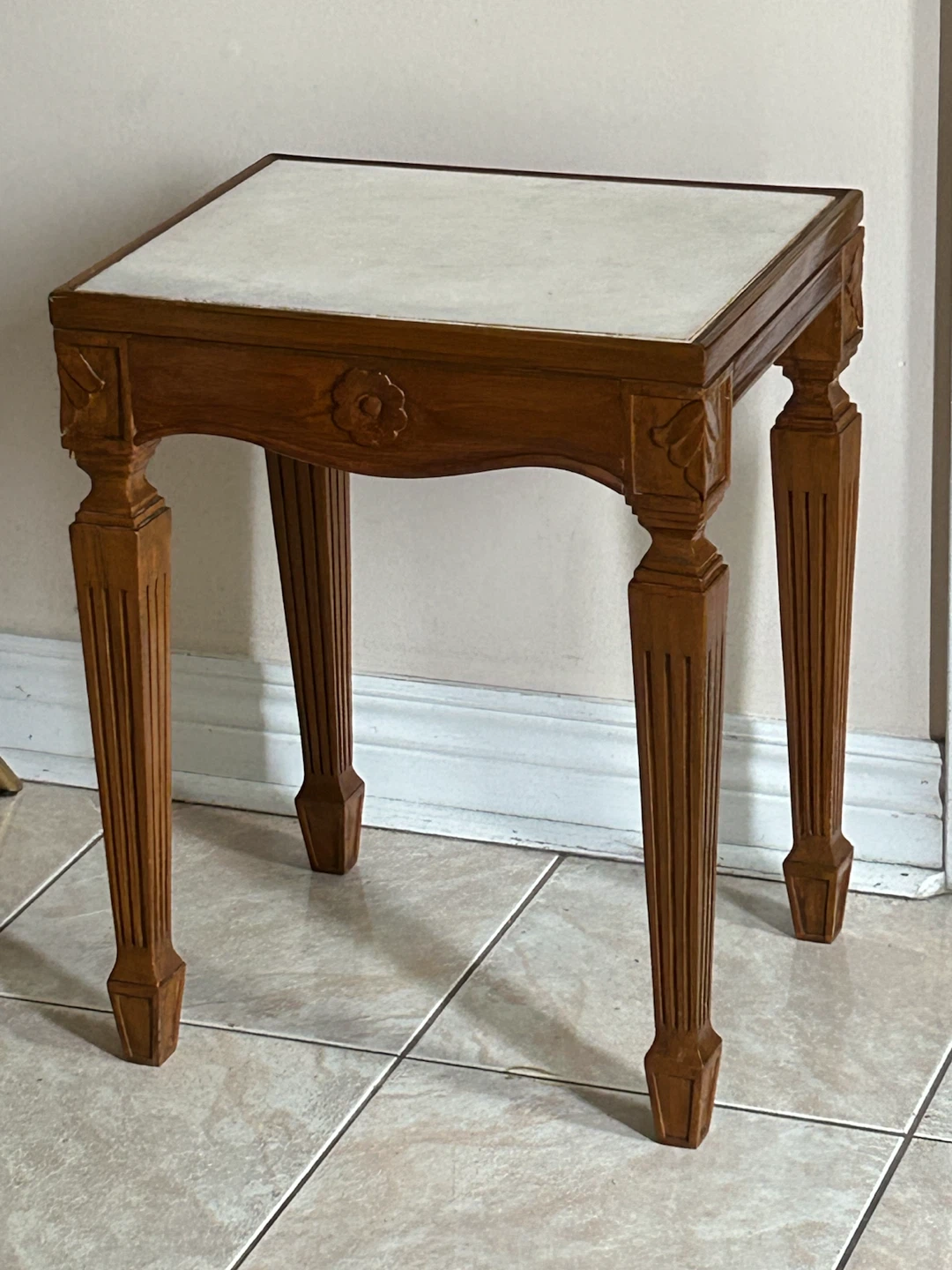 Vintage Wooden Side Table with Marble Top