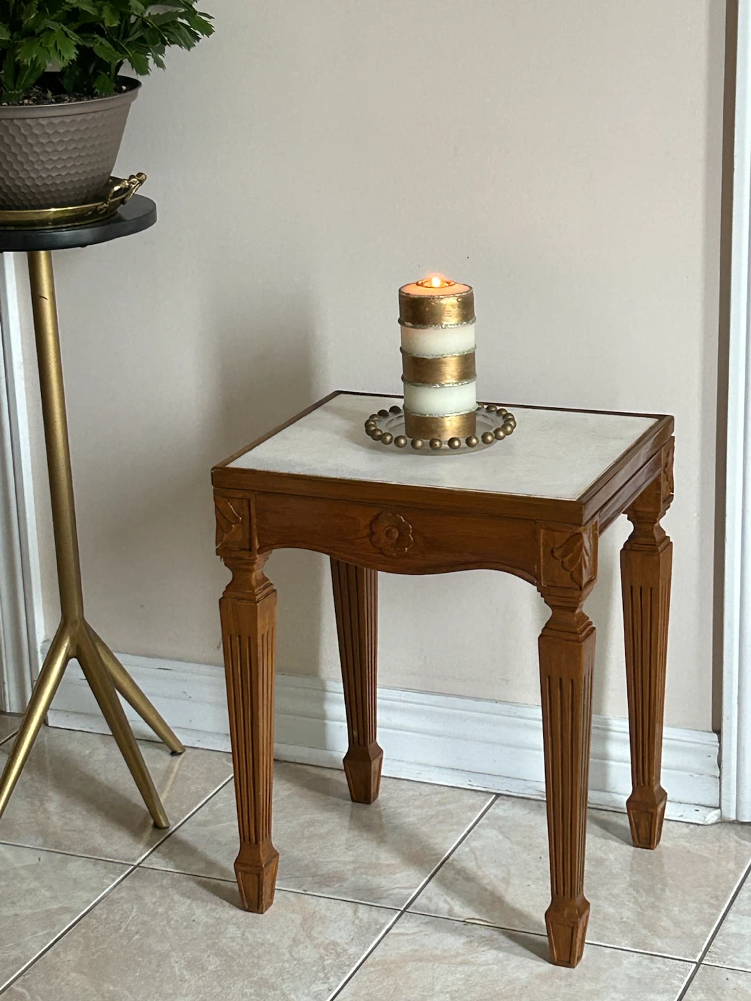 Vintage Wooden Side Table with Marble Top - photo 2