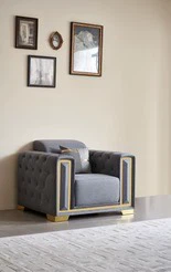 Grey Tufted Accent Chair with Gold Trim