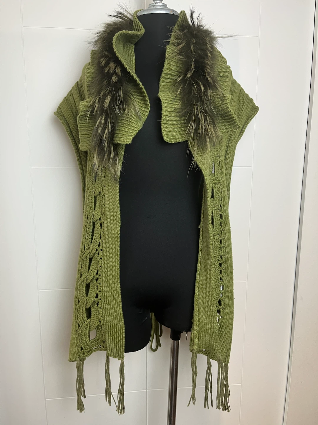 Boma Green Knit Vest with Fur Collar - XL