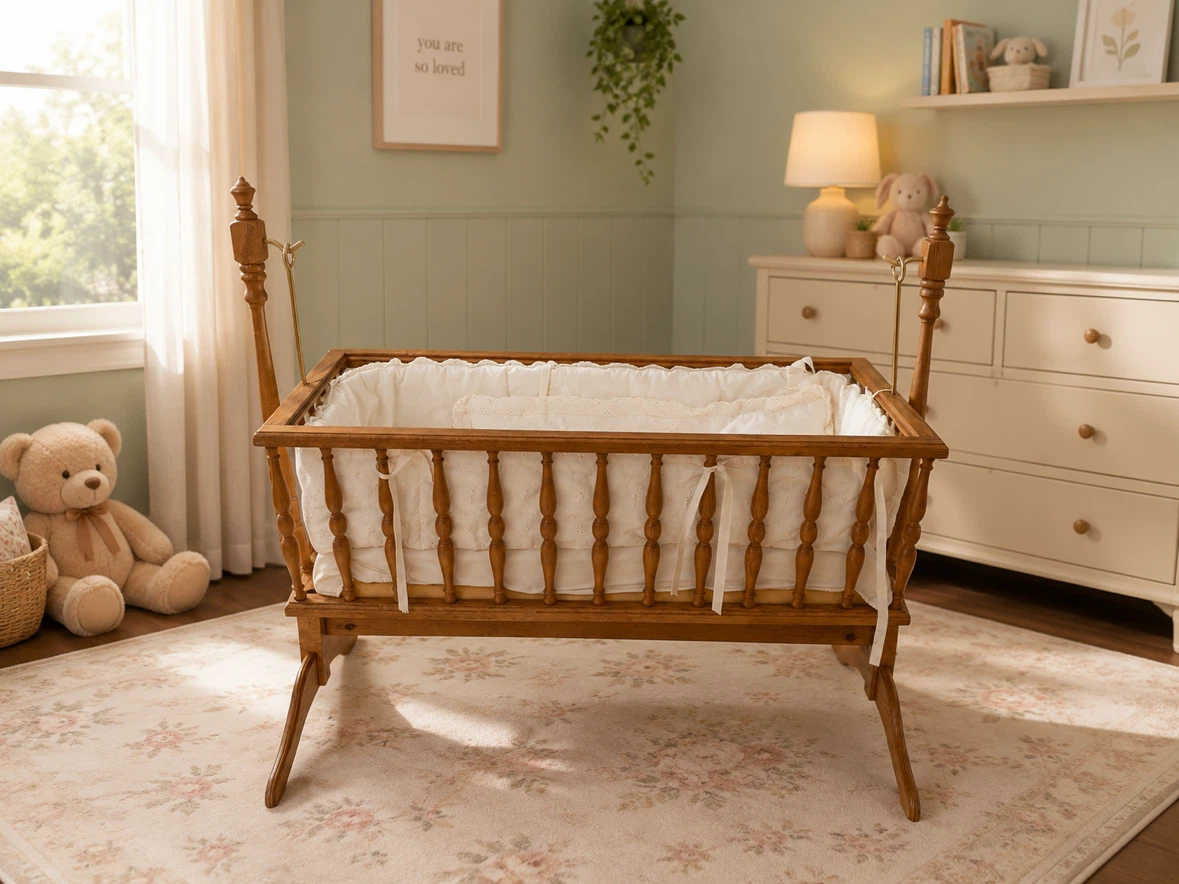 Hand crafted solid oak cradle with bedding