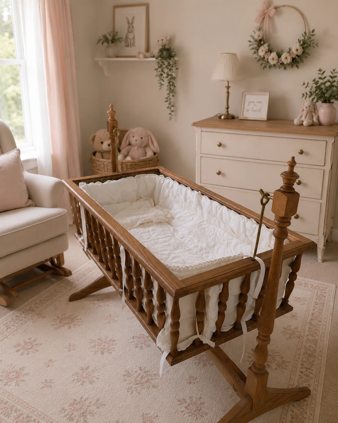 Hand crafted solid oak cradle with bedding - photo 2