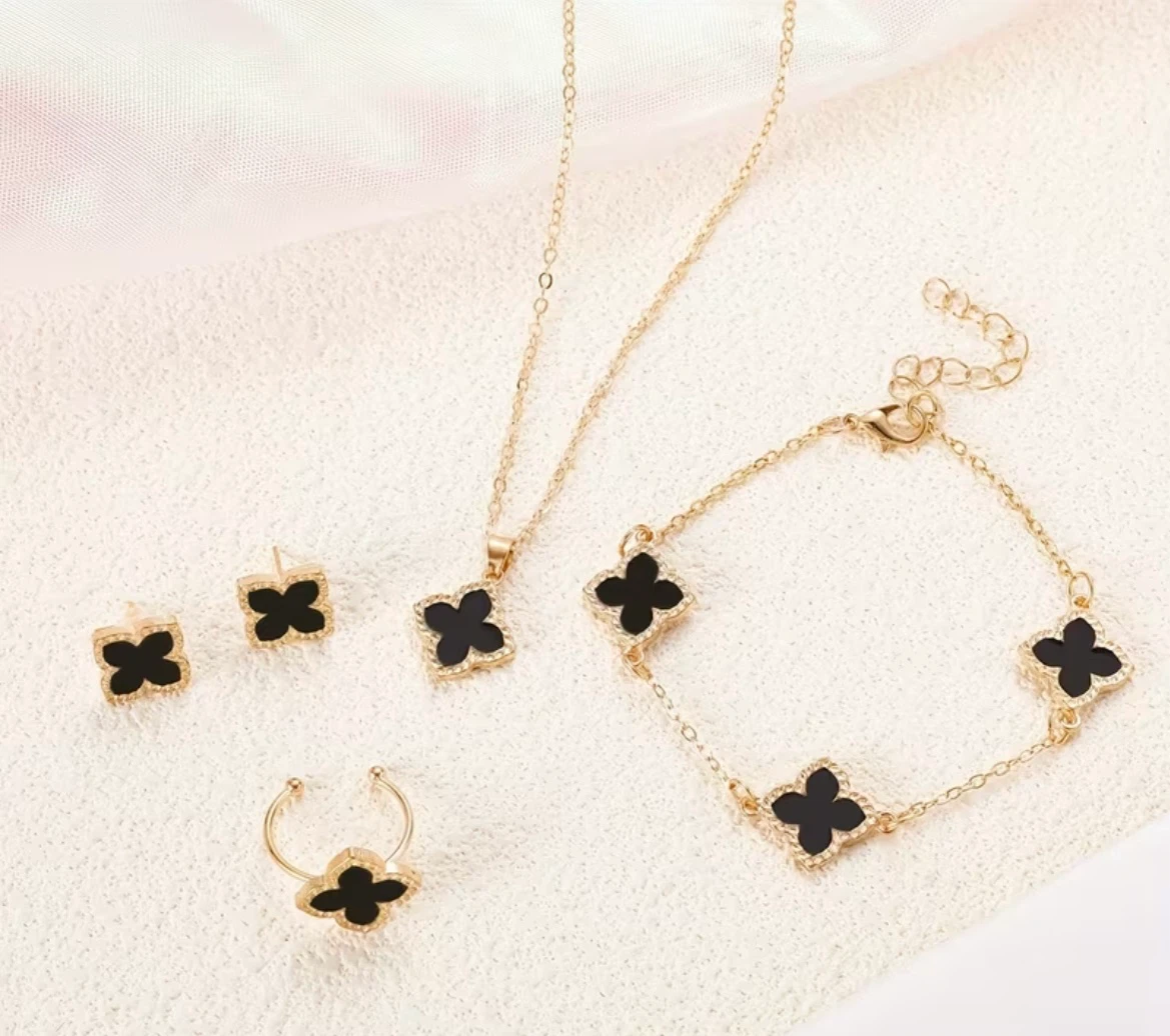 Clover Charm Necklace, Bracelet, Adjustable Ring & Earring Set