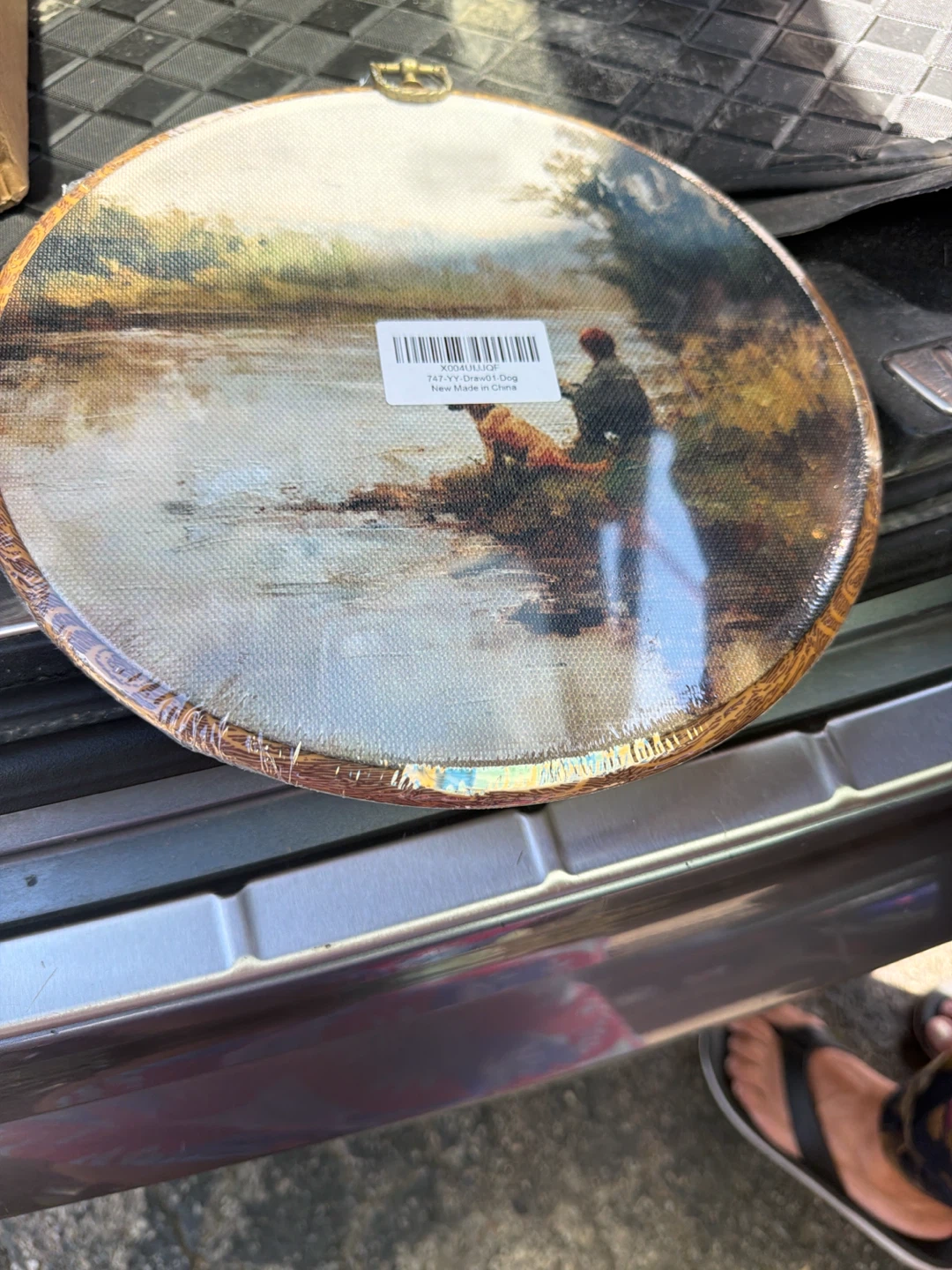 Round Wall Art Painting of Dog and Fisherman