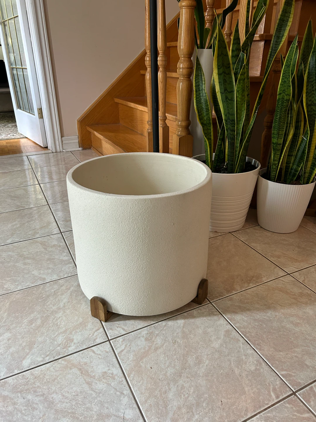 Extra large , white Cylindrical Planter with Wooden Stand