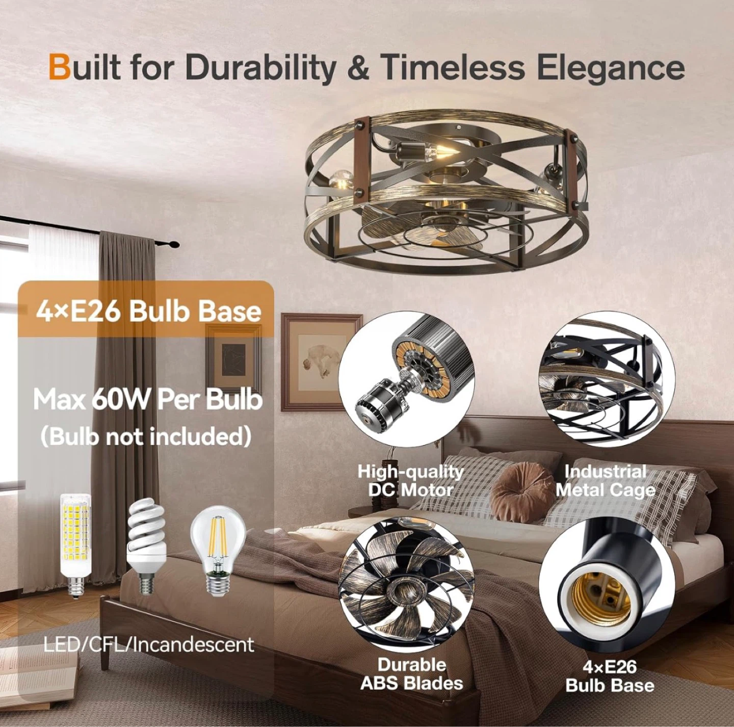 addlon 20 inch Farmhouse Flush Mount Ceiling Fan with light - photo 5