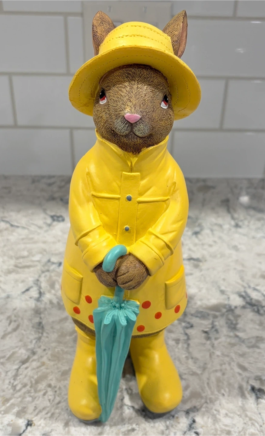 Spring/Easter Bunny Rabbit in Yellow Raincoat with Umbrella