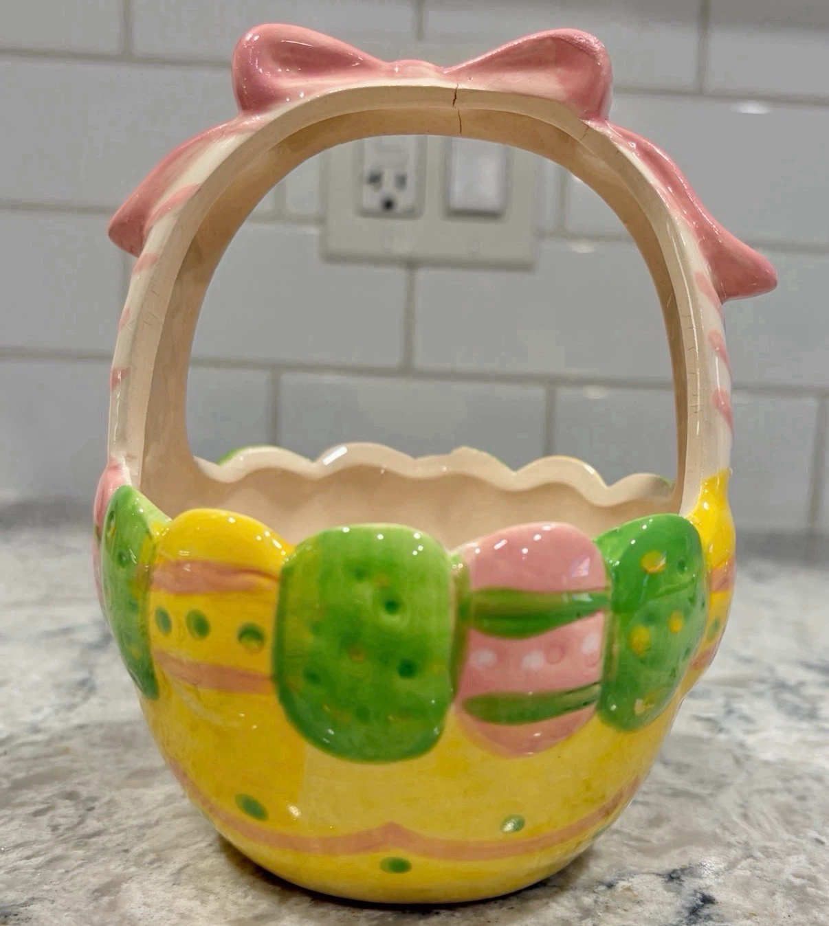 Vintage Style Ceramic Easter Basket w/ Pastel Eggs & Bow