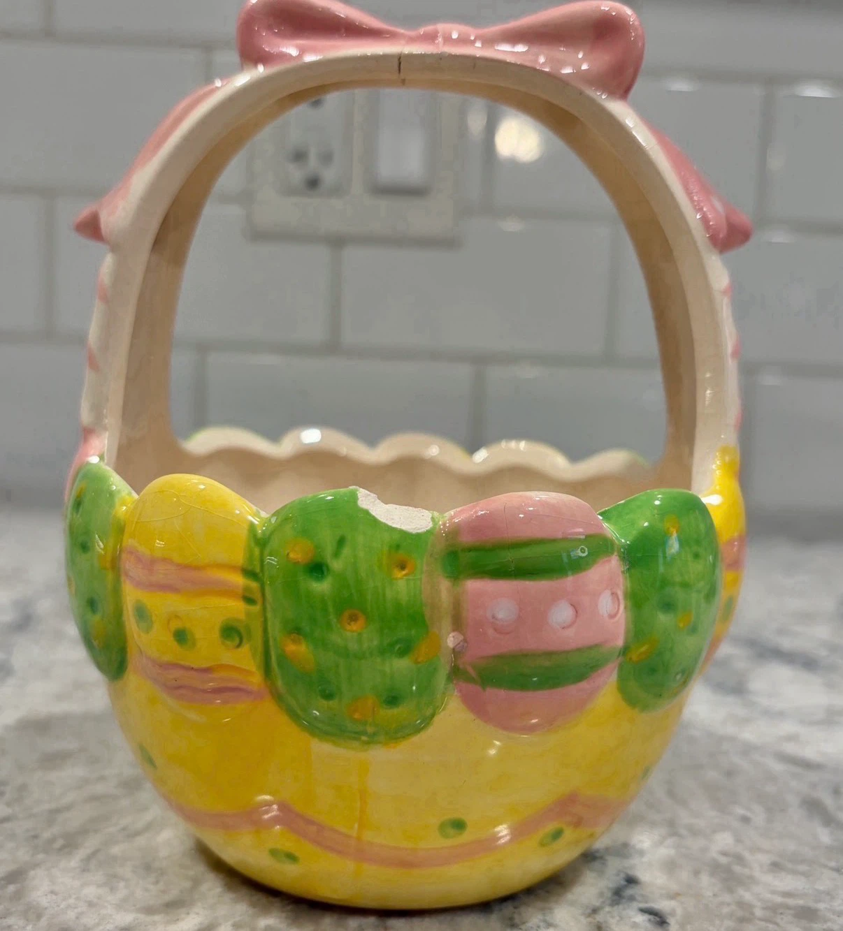 Vintage Style Ceramic Easter Basket w/ Pastel Eggs & Bow - photo 2