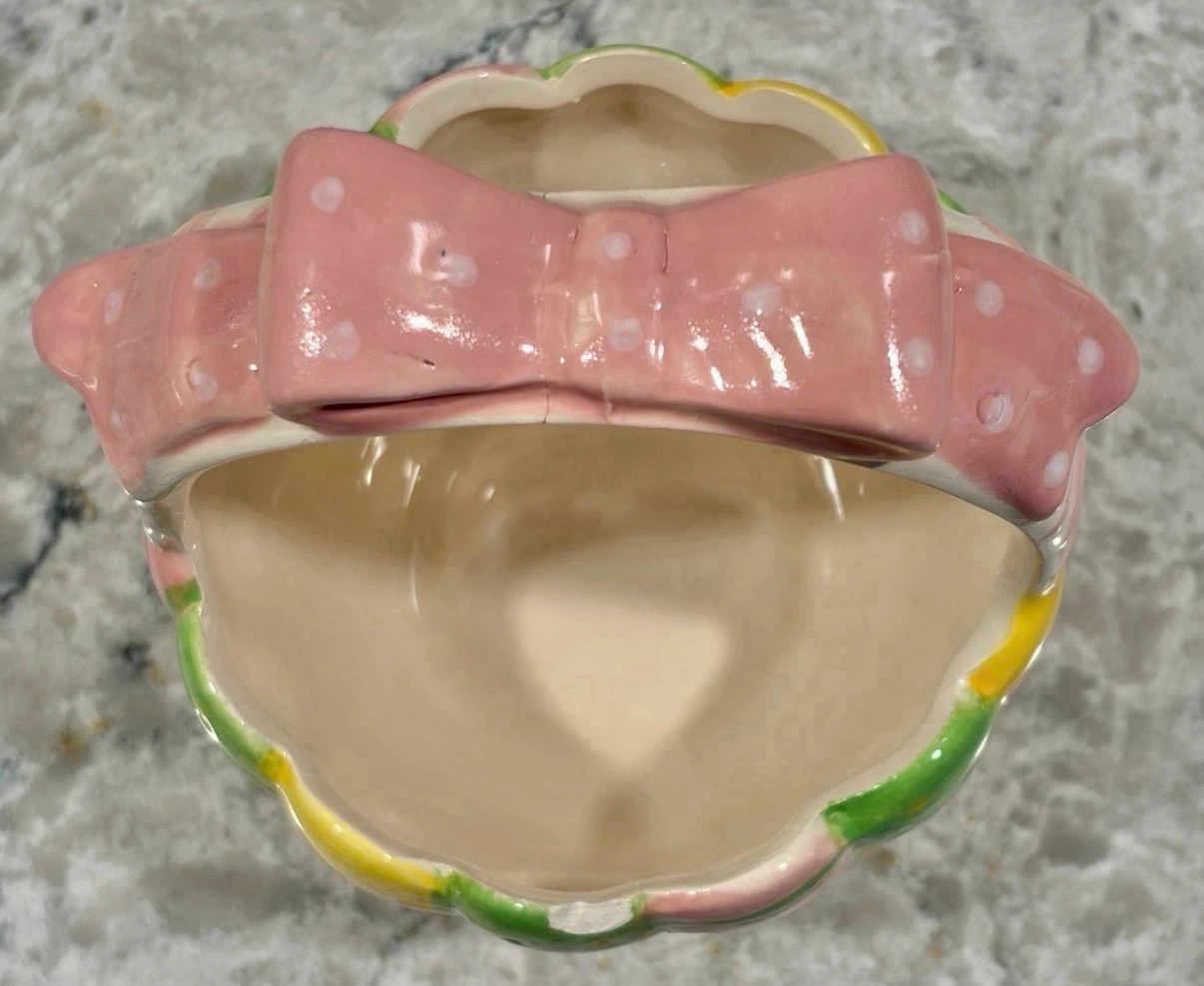 Vintage Style Ceramic Easter Basket w/ Pastel Eggs & Bow - photo 3