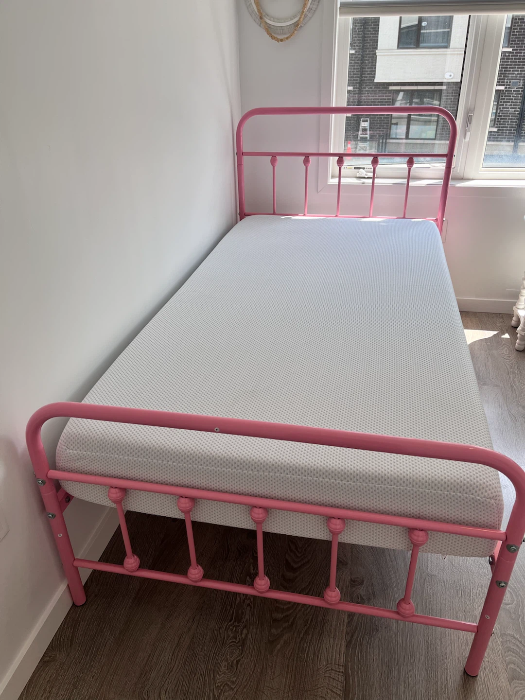 Zinus Pink Metal Twin Bed Frame with Mattress