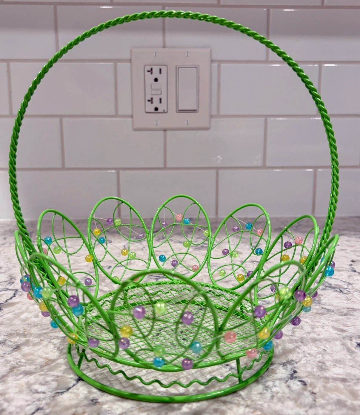 Green Metal Easter Basket with Pastel Beaded Egg Design