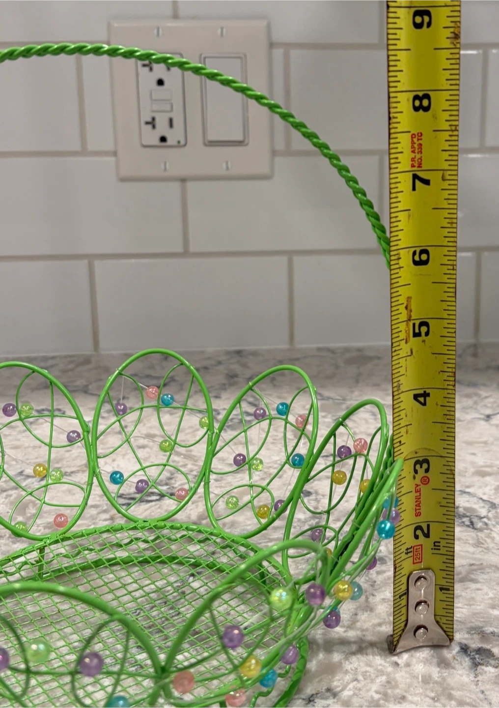 Green Metal Easter Basket with Pastel Beaded Egg Design - photo 3