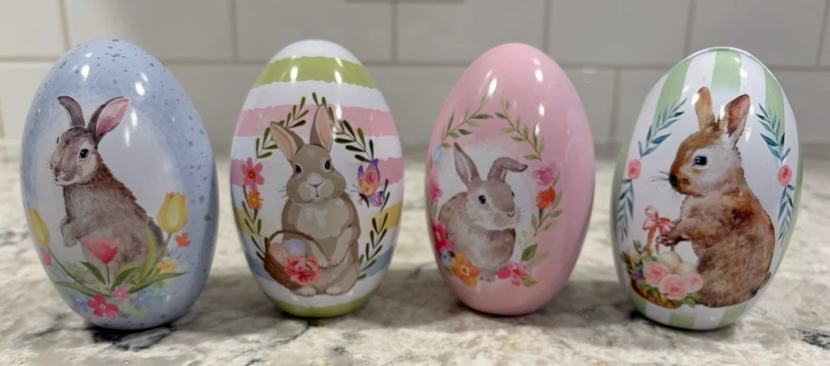 Set of 4 Metal Easter Bunny Egg Tins – Fillable Storage Eggs